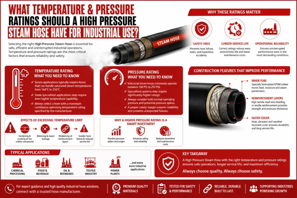 Infographic titled "What Temperature & Pressure Ratings Should a High Pressure Steam Hose Have for Industrial Use?" featuring a steam hose diagram with layers labeled. It covers the importance of temperature and pressure ratings, typical applications like chemical processing, and benefits such as safety and reliability. The key takeaway stresses choosing quality and safety. Tone is informational and professional.