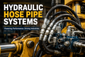 Close-up of hydraulic hose pipes connected to machinery, with bold text reading "Hydraulic Hose Pipe Systems" and the slogan "Powering Performance. Driving Industries." The image conveys industrial strength and precision.