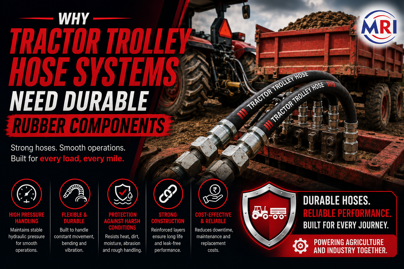 Image of a tractor with a focus on durable hose systems connecting to a trolley. Text highlights tractor trolley hose benefits: high pressure, flexibility, protection, strong construction, and cost-effectiveness. Emphasizes reliability for agriculture.