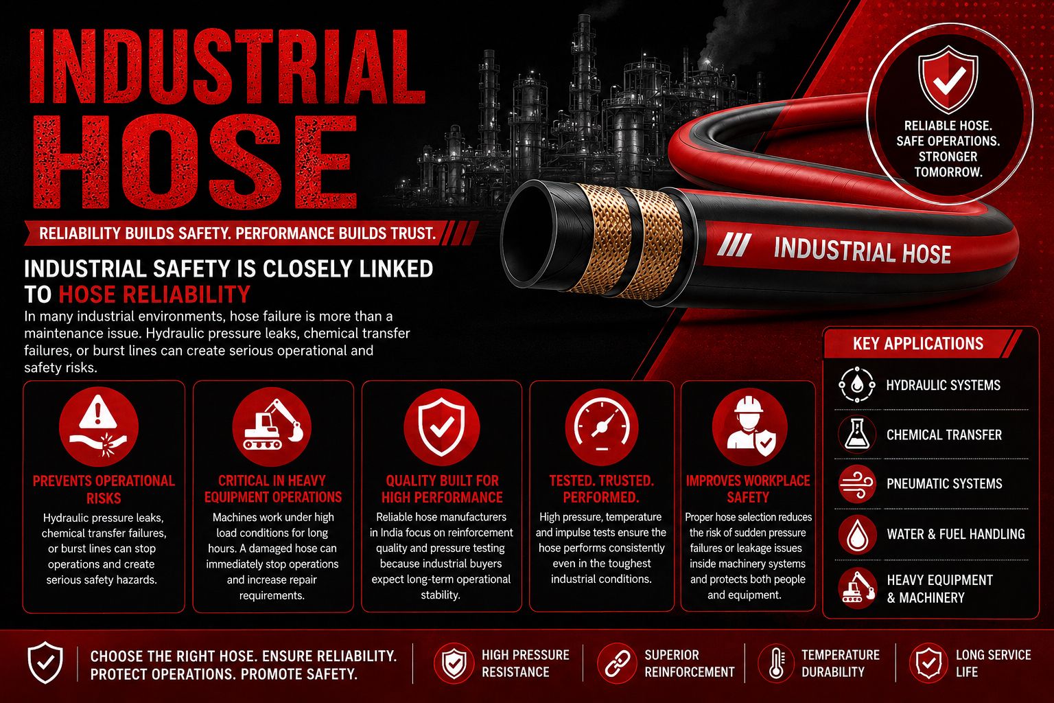 Bold text "Industrial Hose" with a coiled red hose, emphasizing reliability and safety in industrial environments. Icons highlight key applications.
