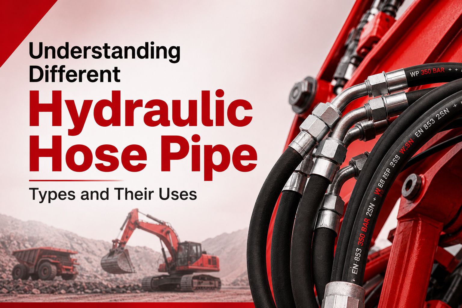Close-up of hydraulic hose pipes on red machinery with text "Understanding Different Hydraulic Hose Pipe Types and Their Uses." Background shows excavator and truck.