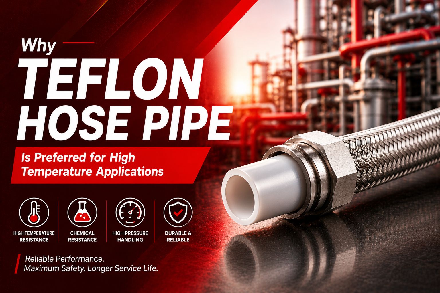 Close-up of a metal Teflon hose pipe with refinery pipes in the background. Text highlights its high-temperature and chemical resistance. Tone is professional.