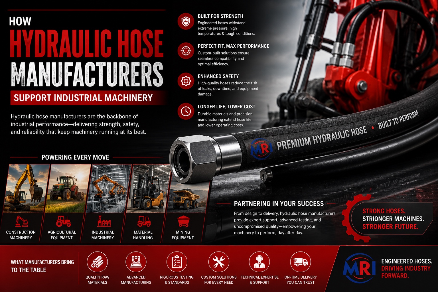 Infographic on hydraulic hose manufacturers supporting industrial machinery. Features hose images, machinery photos, and text highlighting strength, safety, performance, and cost-efficiency.