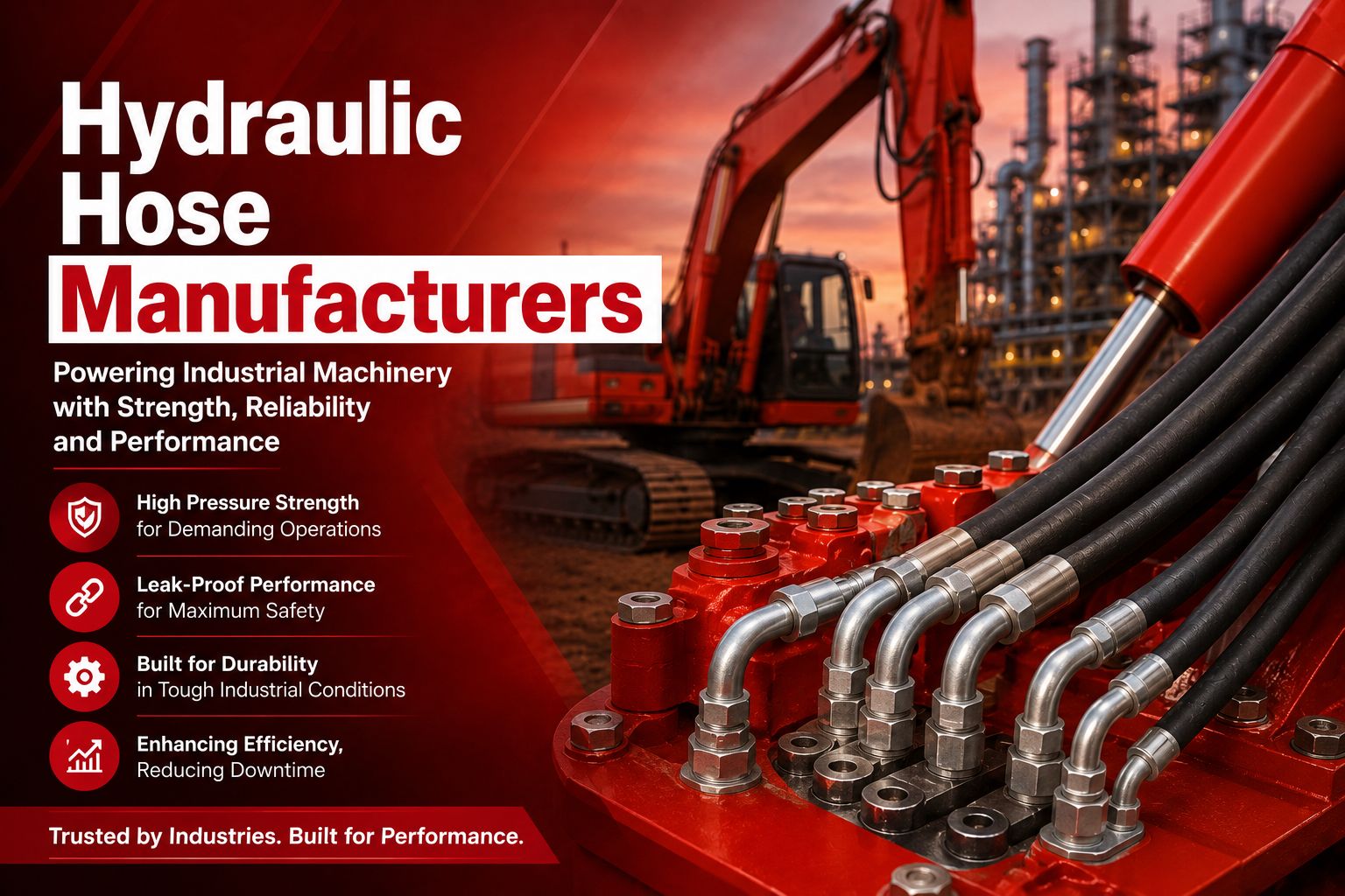Advertisement for hydraulic hose manufacturers featuring an excavator in an industrial setting. Highlights include high pressure strength, leak-proof performance, durability, and efficiency. Red and silver hoses are prominently displayed in the foreground, evoking strength and reliability."