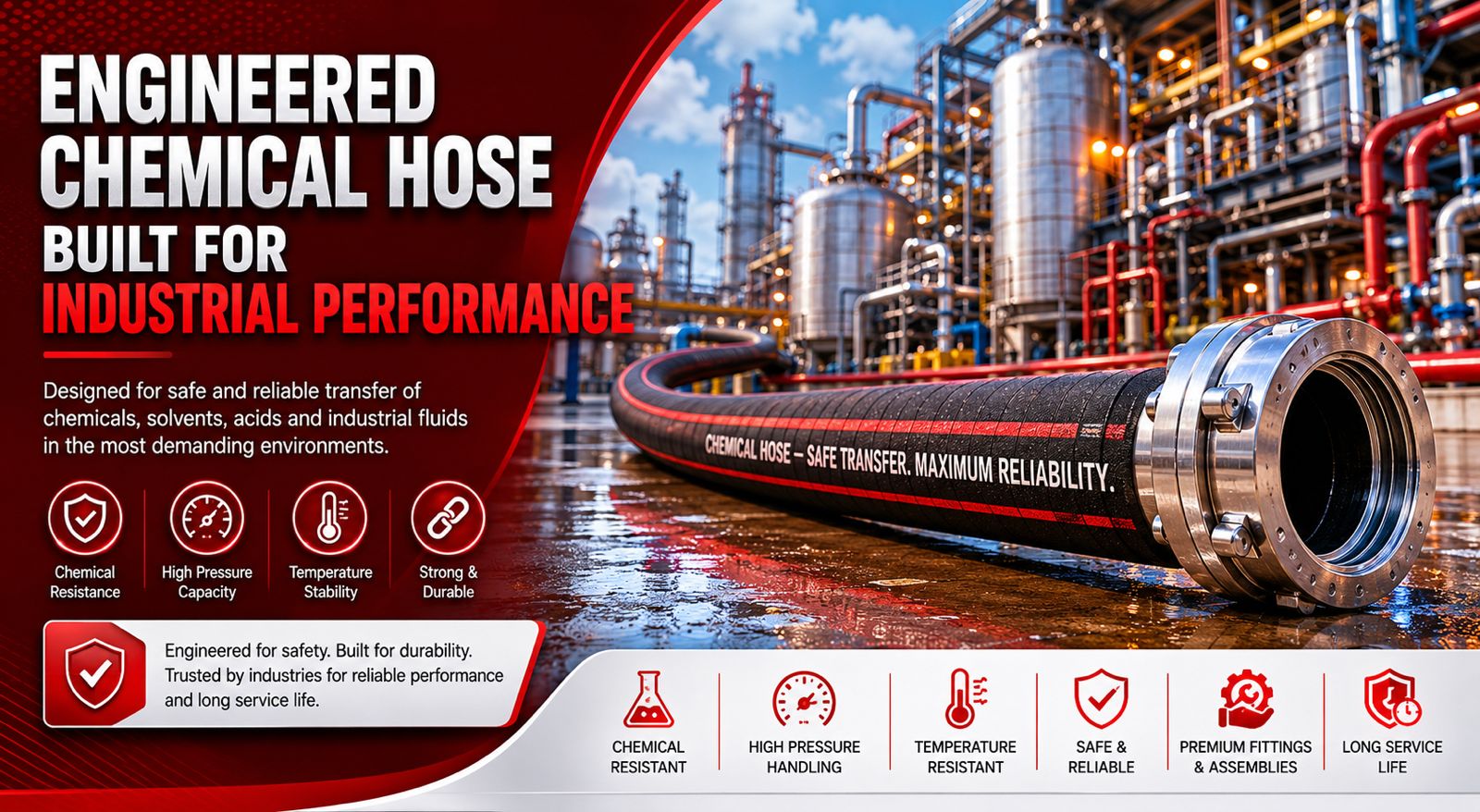 Industrial chemical hose in a refinery setting, emphasizing durability and performance. Icons highlight chemical resistance, pressure capacity, and reliability.