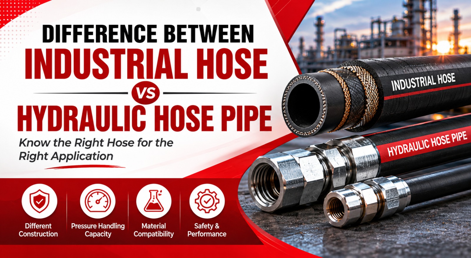 industrial hose and hydraulic hose pipe. Hoses with metal fittings are displayed. Red icons symbolize different construction, pressure handling, material compatibility, and safety. An industrial setting is in the background.
