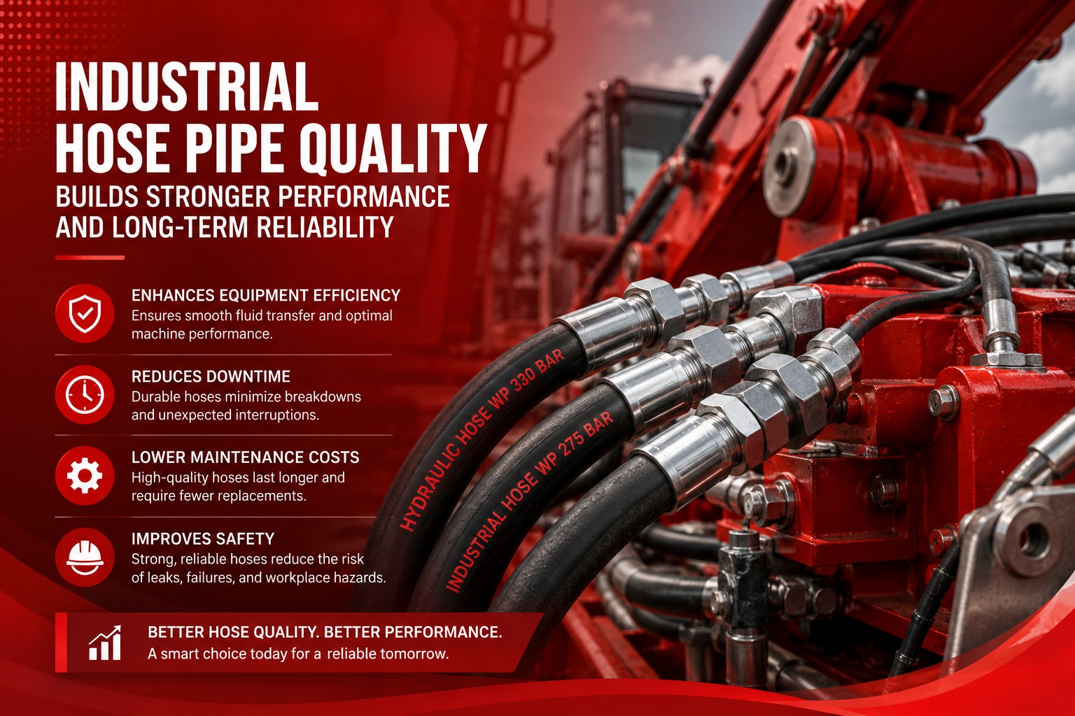 Red industrial machinery with attached black hoses showcasing quality enhancements. Bold text highlights benefits: efficiency, downtime reduction, cost savings, and safety. Tone: professional and reliable.