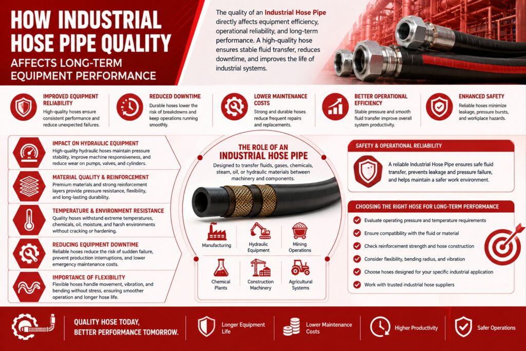 "Industrial Hose Pipe Quality Affects Long-Term Equipment Performance." Highlights benefits such as improved reliability, reduced downtime, lower costs, and enhanced safety. Includes icons and detailed descriptions. Central image shows industrial hose pipe with metal fittings. Red and white color scheme conveys importance and urgency.