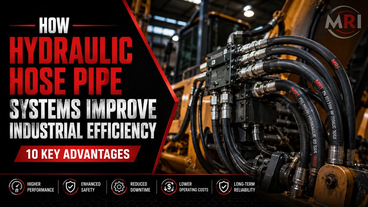 "Black and red graphic promoting hydraulic hose pipes with the headline: 'How Hydraulic Hose Pipe Systems Improve Industrial Efficiency: 10 Key Advantages.' Features high-performance machinery hoses. Icons below highlight benefits like higher performance, enhanced safety, reduced downtime, lower costs, and reliability."