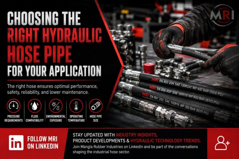 Gloved hands hold a hydraulic hose in a workshop setting. Text emphasizes choosing the right hose for safety and performance. Bold red and white elements highlight key info. Logos and LinkedIn promo included.