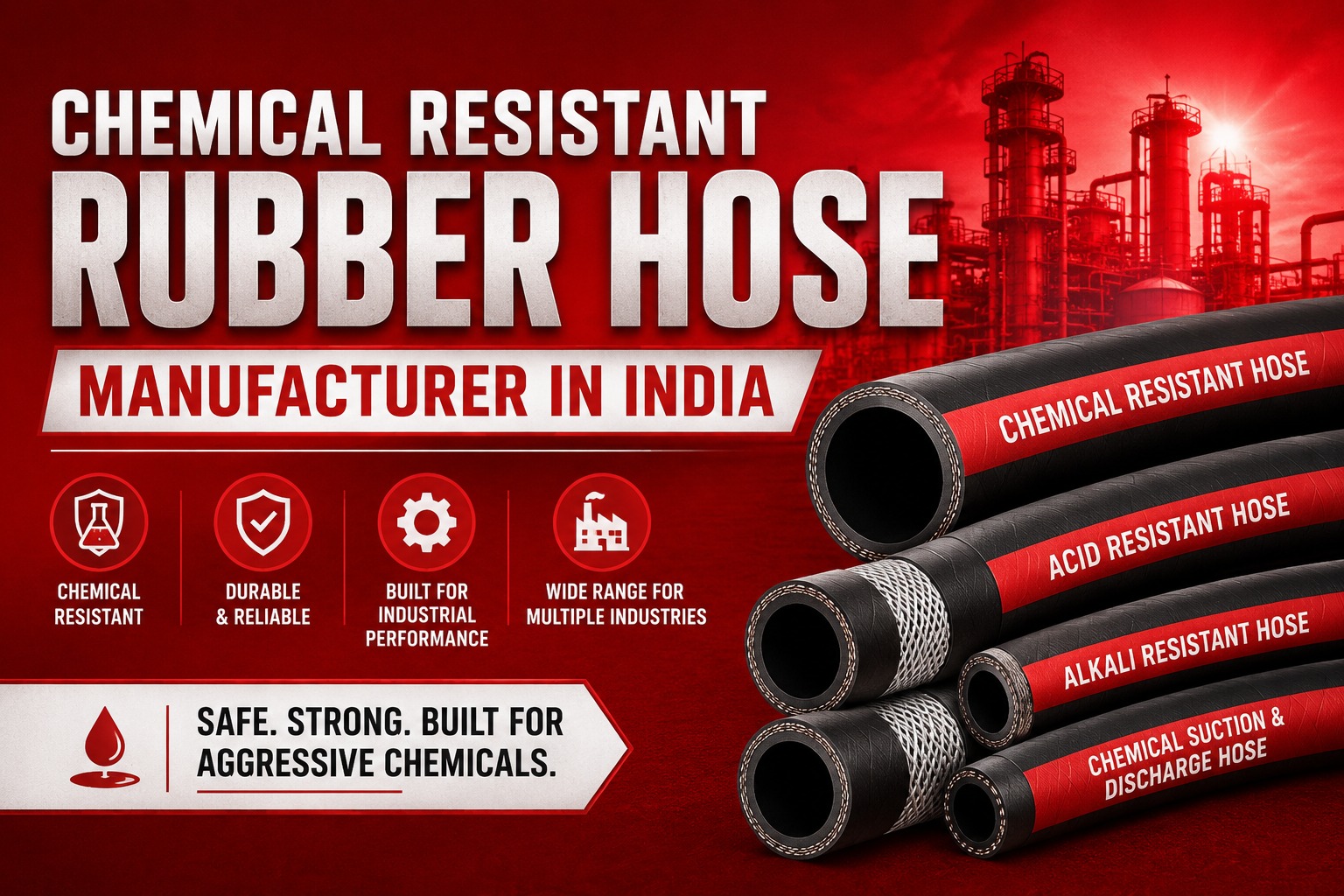 "Advertisement for Chemical Resistant Rubber Hose by an Indian manufacturer. Features hoses labeled for different chemicals, and emphasizes durability and industrial use. Background shows an industrial facility under a red hue, highlighting strength and reliability."