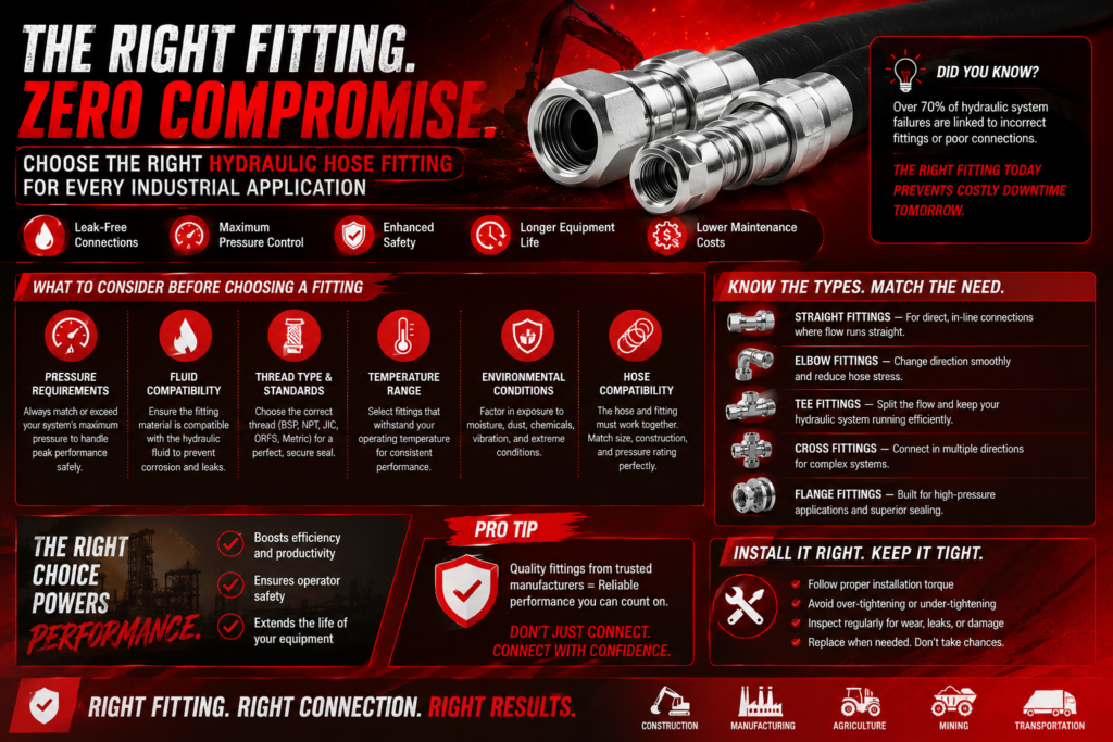 Alt text: Infographic on hydraulic hose fittings with images of connectors. Key benefits: leak-free, safe, and low maintenance. Sections detail fitting considerations, types, installation tips, and emphasize reliability, efficiency, and performance. Red and black color scheme conveys urgency and confidence.