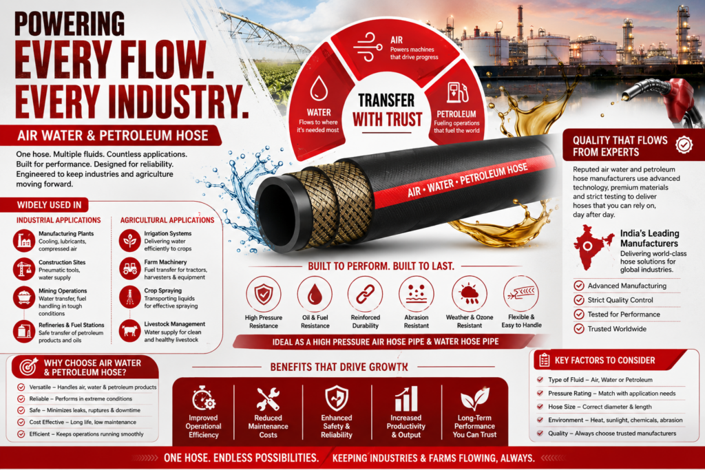 Infographic titled "Powering Every Flow. Every Industry." Features a detailed description of an Air Water & Petroleum Hose. Shows hose uses, benefits, and technical details.