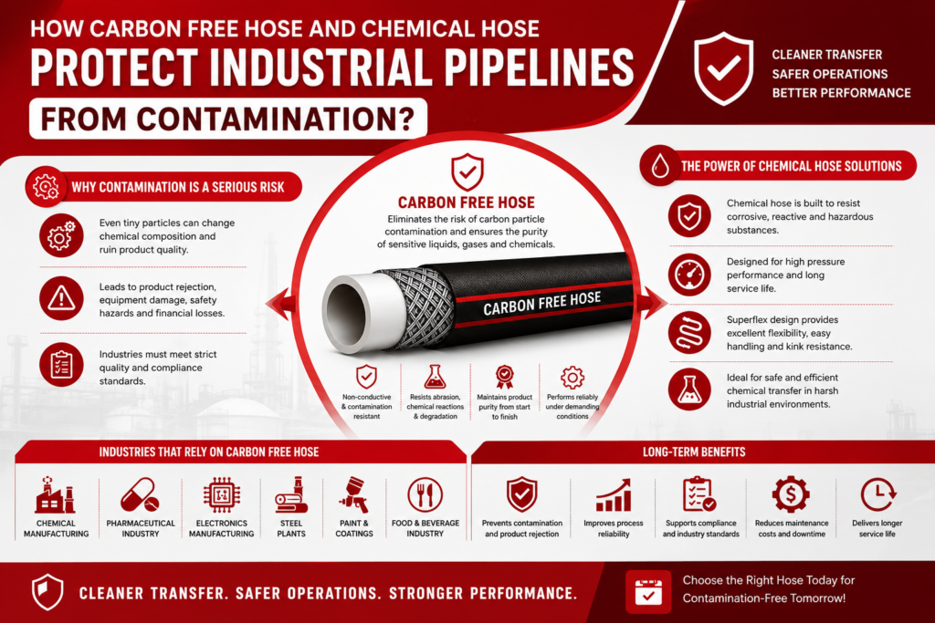 Infographic on protecting industrial pipelines from contamination using carbon free hoses. Highlights risks, benefits, industries served, and key features.