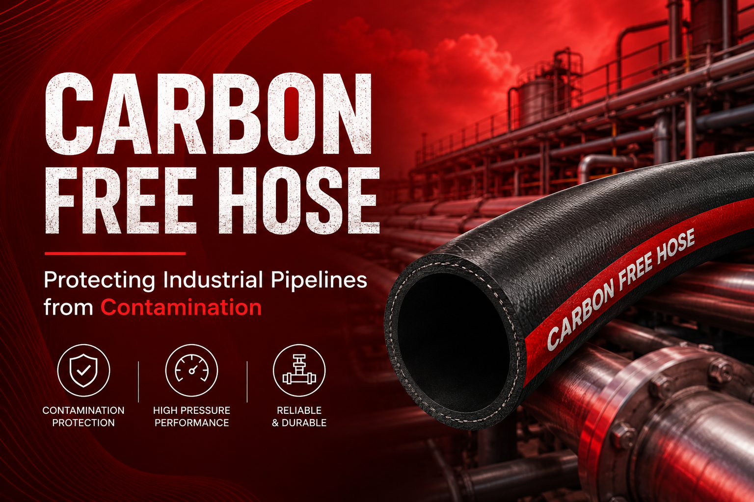 Red-toned image featuring a "Carbon Free Hose" on industrial pipelines. Text highlights protection, high pressure, and durability against contamination.