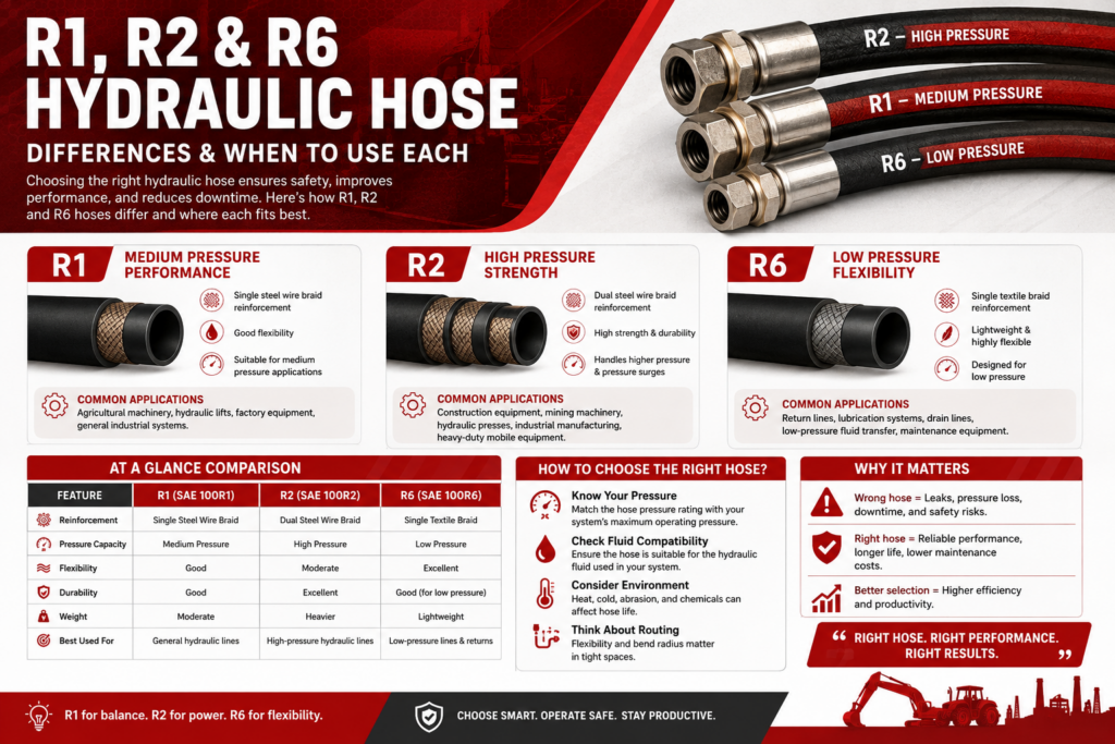 Alt text: Infographic titled "R1, R2 and R6 Hydraulic Hose." Shows differences in pressure, applications, and features of R1, R2, and R6 hoses. Emphasizes safe, efficient hose selection. Includes a comparison chart and guidance on choosing the right hose for specific needs. Icons and images convey durability and reliability.