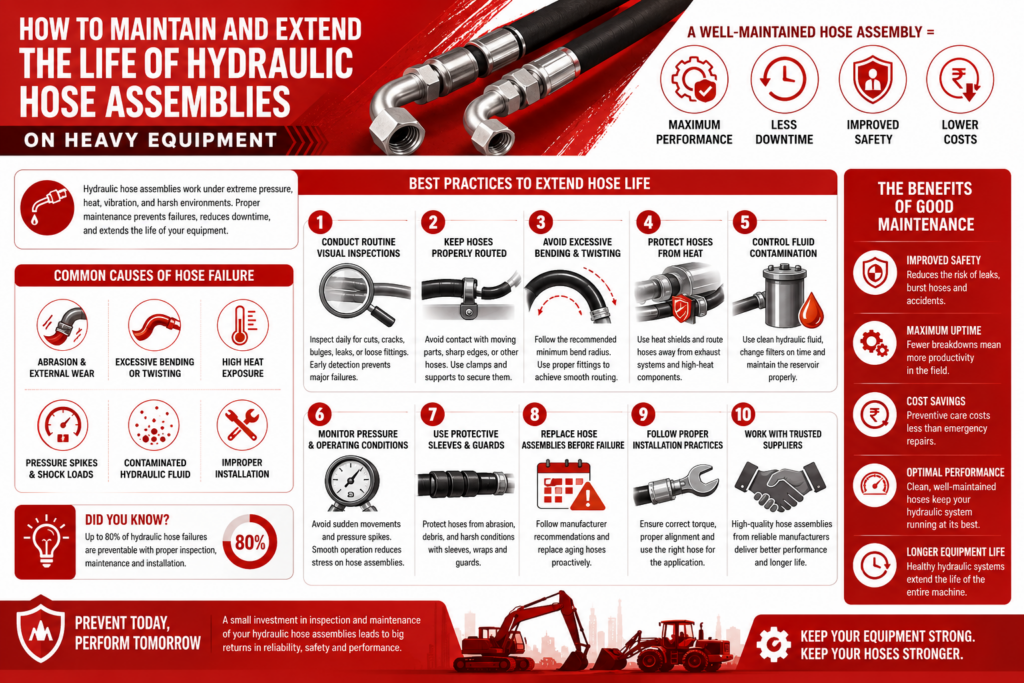 Infographic on maintaining hydraulic hose assemblies for heavy equipment. Includes tips, causes of failure, benefits of good maintenance, and icons.