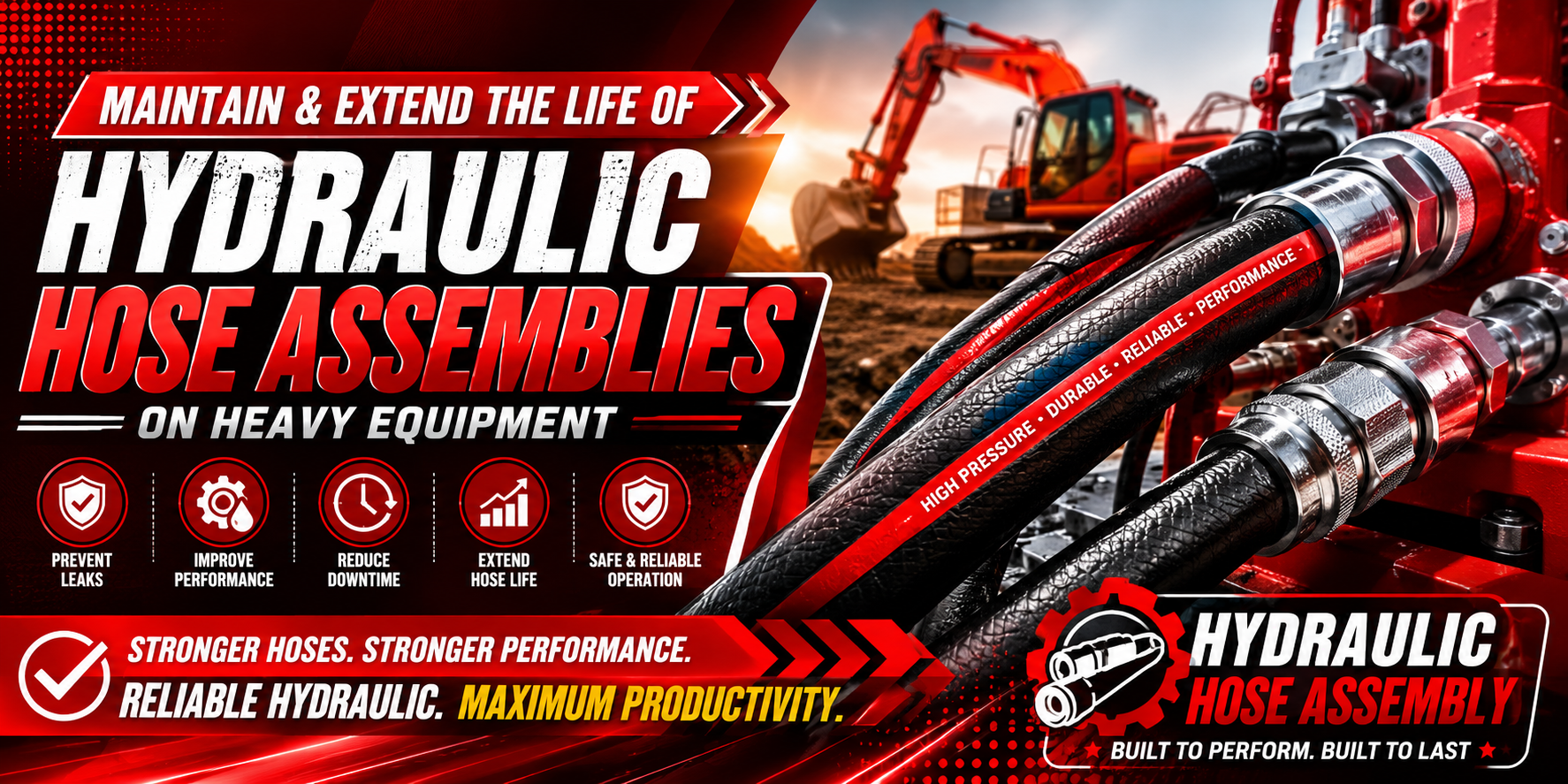 Alt text: "Advertisement promoting hydraulic hose assemblies for heavy equipment. Bold text highlights benefits like preventing leaks and enhancing performance. Background shows construction machinery, while images of durable hoses emphasize reliability and productivity. Vibrant red and black tones convey strength and efficiency."