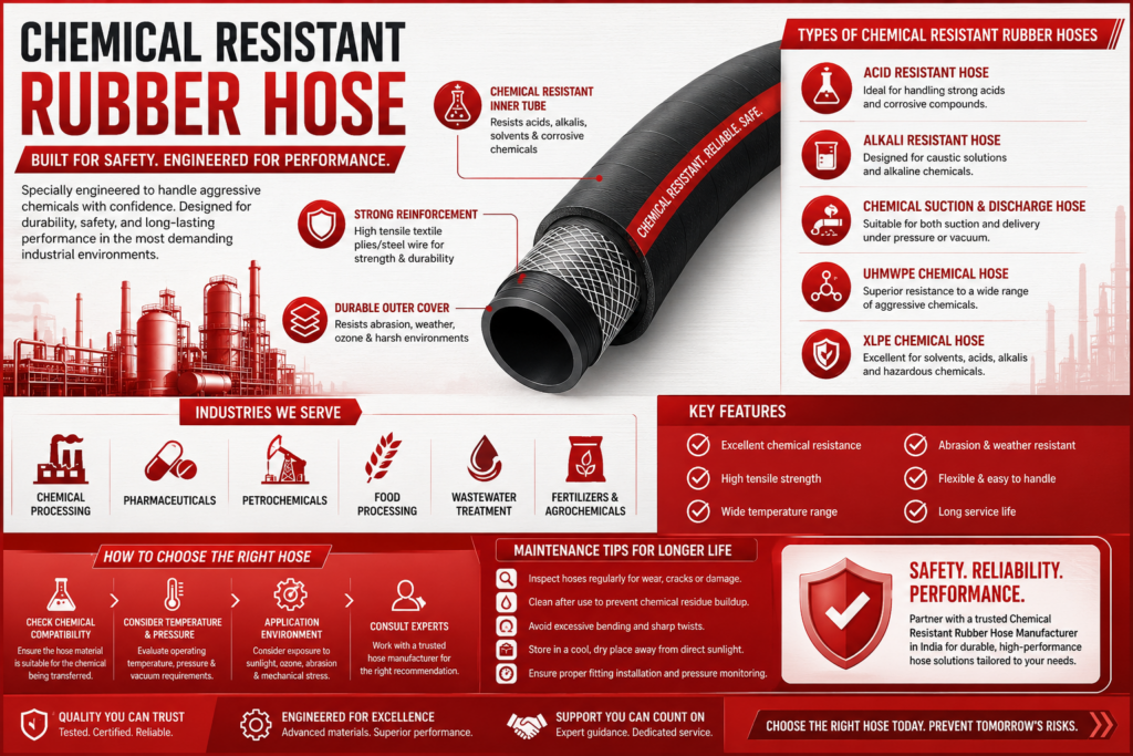 Alt text: "Infographic on Chemical Resistant Rubber Hose Key features include chemical resistance and durability. Industries served: chemical processing, pharmaceuticals, petrochemicals, food processing, wastewater treatment, fertilizers. Features: excellent chemical resistance, high tensile strength. Safety emphasized."