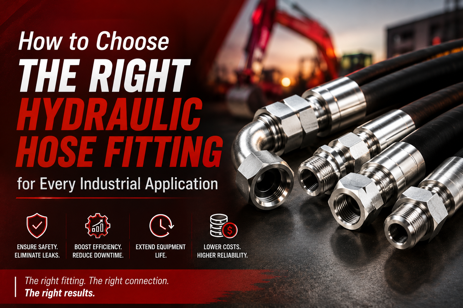 Close-up image of various hydraulic hose fittings against a blurred industrial background, with bold text saying "How to Choose the Right Hydraulic Hose Fitting." Four icons below highlight benefits: safety, efficiency, longevity, and cost-effectiveness.