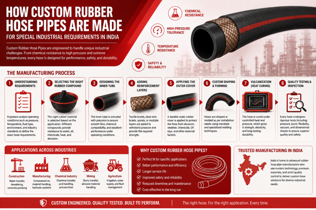 Alt text: Infographic on custom rubber hose pipes production for industrial use in India, highlighting steps from design to quality testing and their applications.