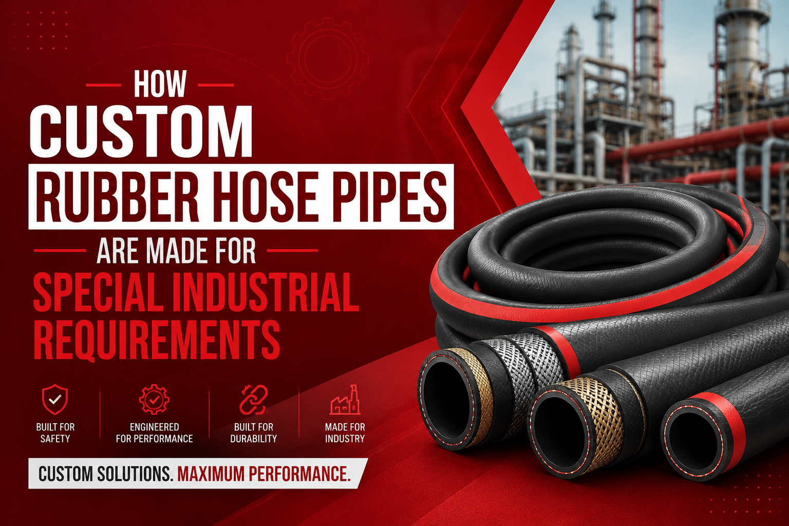 Red-themed industrial graphic showing coiled rubber hose pipes against a factory background. Text highlights custom solutions for industrial needs.