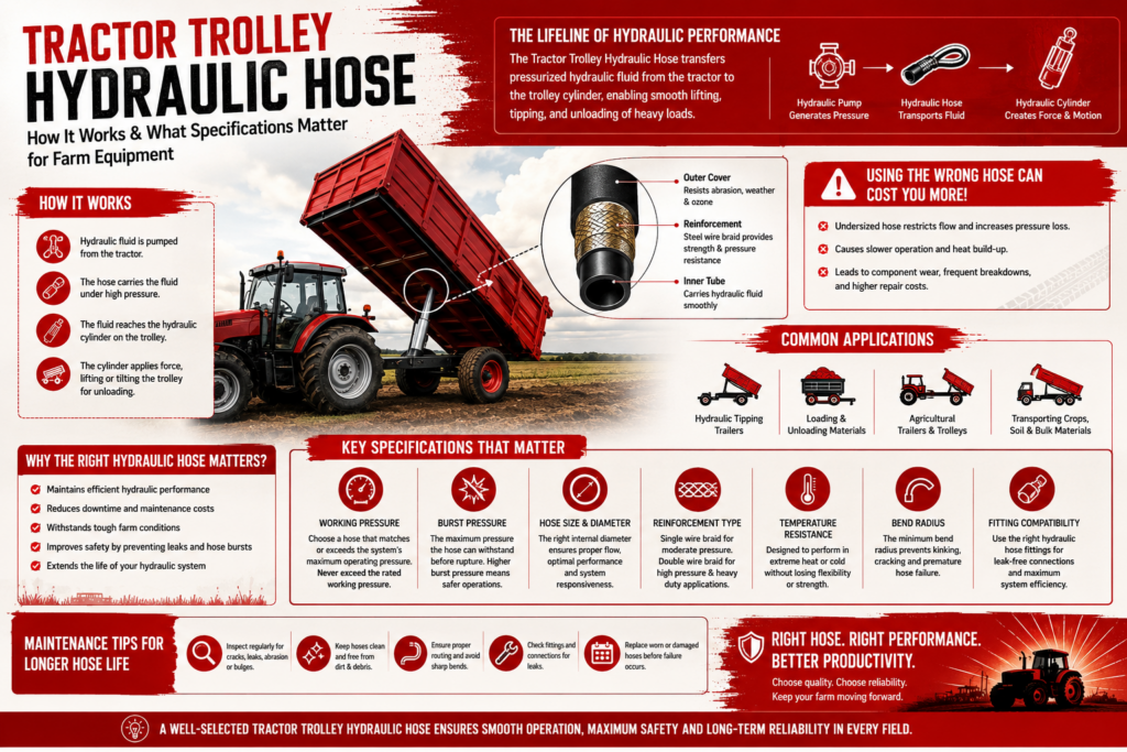 Tractor Trolley Hydraulic Hose with sections on function, specifications, and maintenance. Image of tractor and hose diagram included.