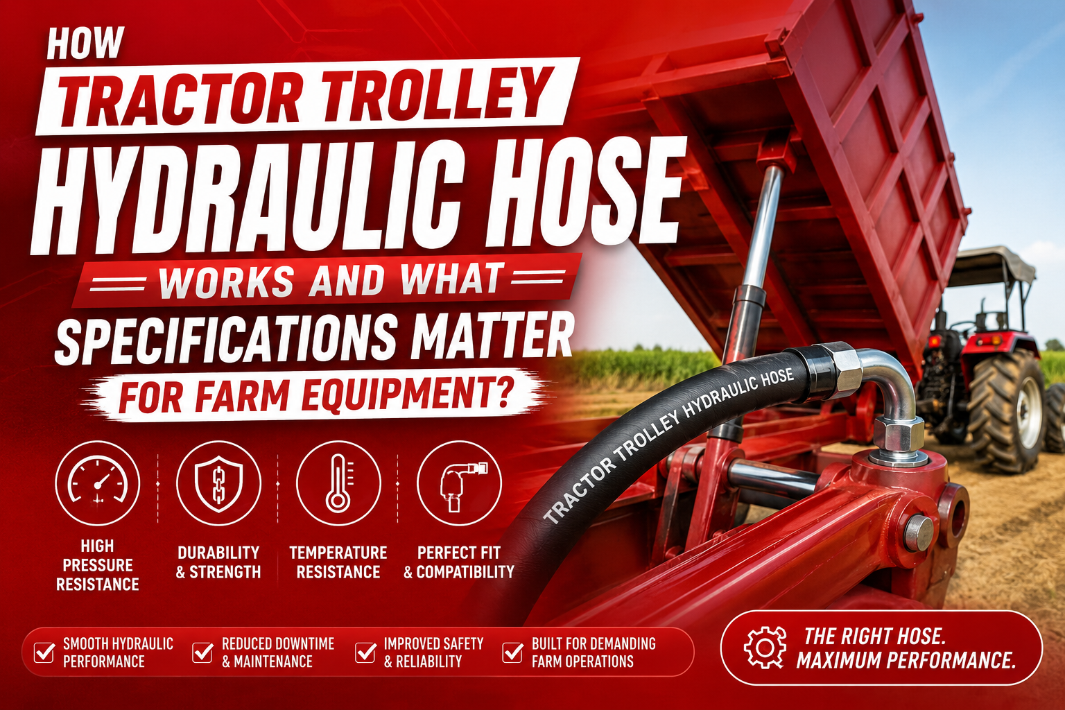 Red tractor trolley with hydraulic hose, emphasizing durability and function for farm equipment. Key benefits: pressure resistance, strength, reliability.