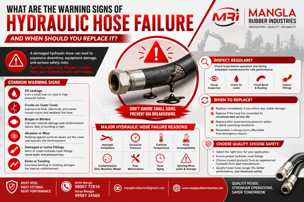 Infographic by Mangla Rubber Industries on hydraulic hose failure. Lists warning signs, including oil leakage and cracks. Emphasizes regular inspection and timely replacement for safety.