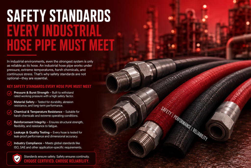 "Industrial Hose Pipe". Industrial safety poster with red and black hoses, emphasizing key safety standards: pressure strength, material safety, resistance, and compliance. Industrial backdrop.