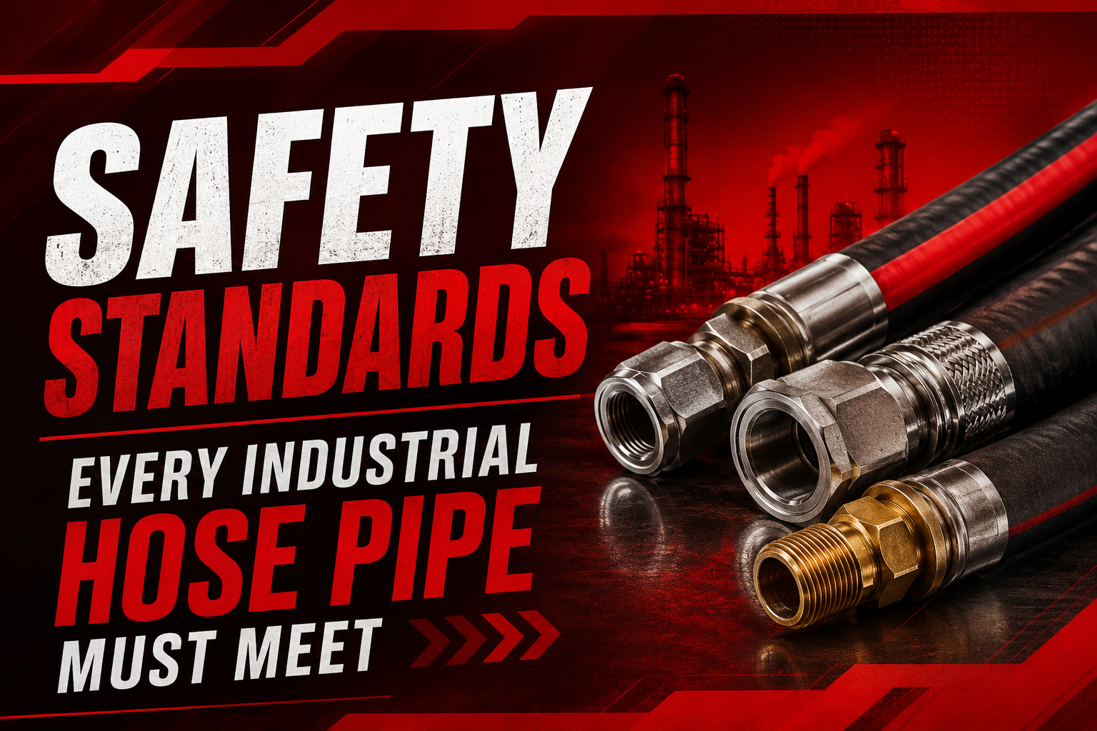Industrial hoses with metal fittings on a reflective surface. A red background features factory silhouettes. Bold text reads, "Safety Standards Every Industrial Hose Pipe Must Meet."