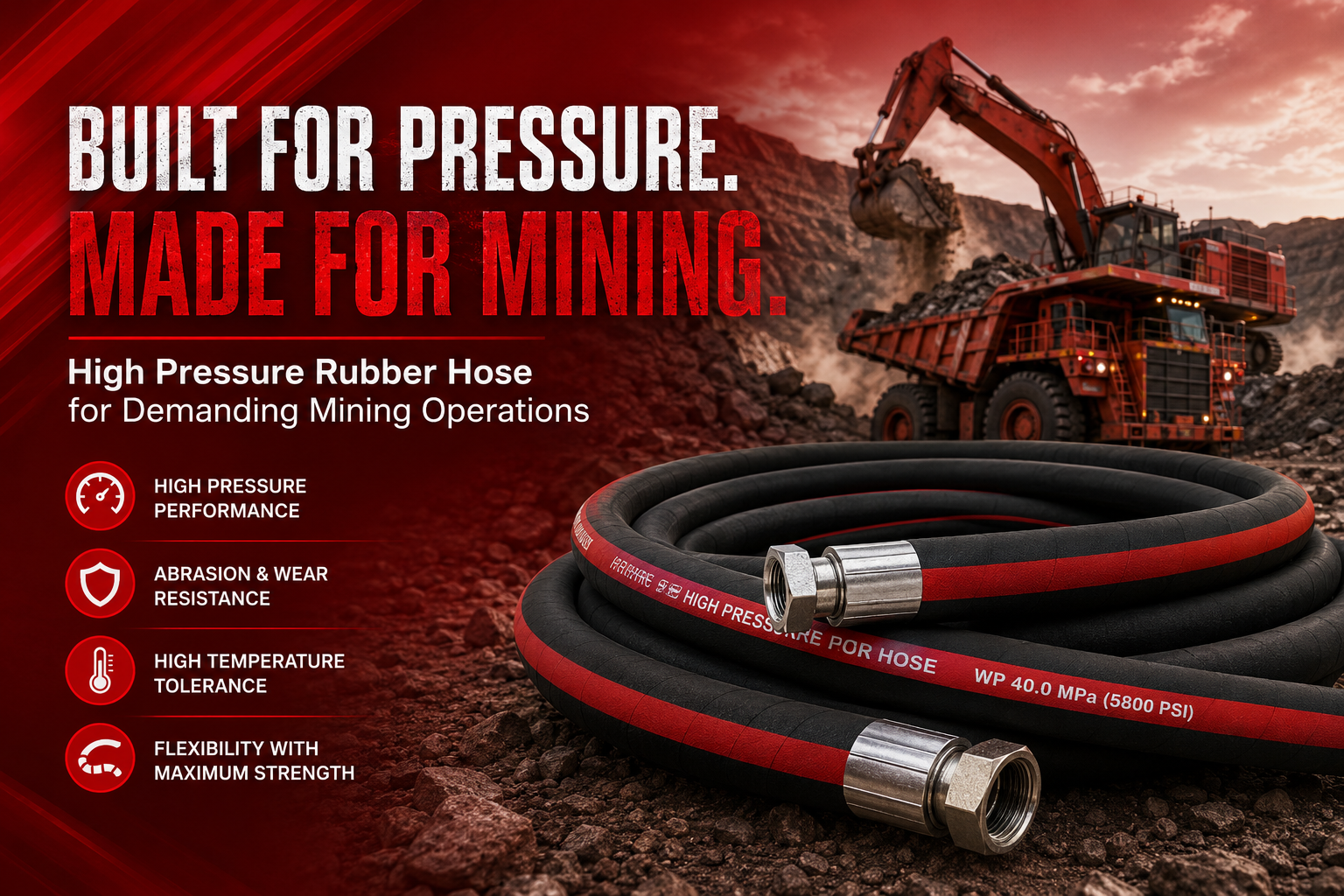 Alt text: "Advertisement for a High Pressure Rubber Hose in a mining setting. Bold red text reads 'Built for Pressure. Made for Mining.' An excavator and dump truck operate in the background. Four icons highlight features: high pressure performance, abrasion resistance, temperature tolerance, and flexibility. The tone is robust and industrial."