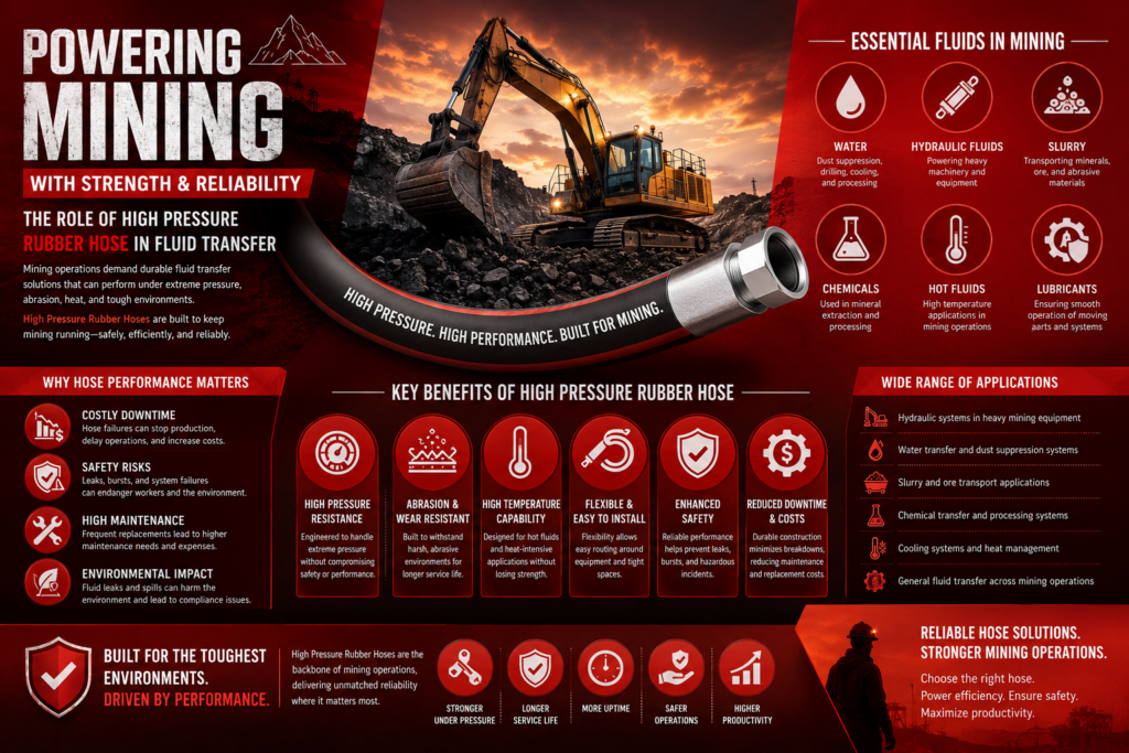 Alt text: "Infographic titled 'Powering Mining with Strength & Reliability,' highlighting high-pressure rubber hose benefits in mining. Features an excavator, lists essential fluids like water and hydraulic fluids, and outlines hose advantages such as high pressure resistance and abrasion resistance. Includes applications like slurry transport and cooling systems."