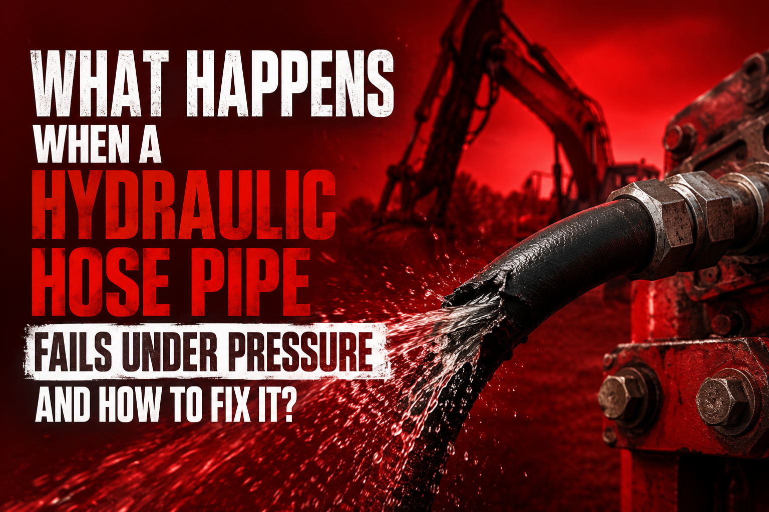 Red background image showing a burst hydraulic hose spraying fluid. White and red text reads, "What happens when a hydraulic hose pipe fails under pressure and how to fix it?"