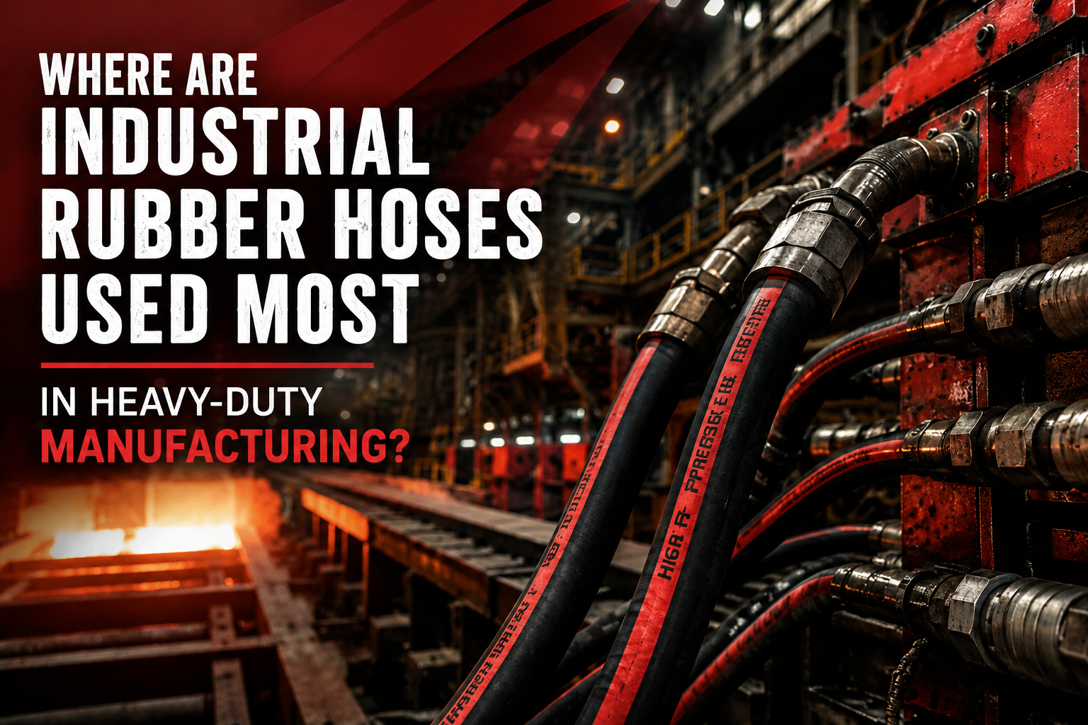 Alt text: "Close-up of industrial rubber hoses connected to machinery in a dimly lit manufacturing facility. Bold text asks where these hoses are most used, suggesting heavy-duty manufacturing. The scene conveys industrial strength and functionality."