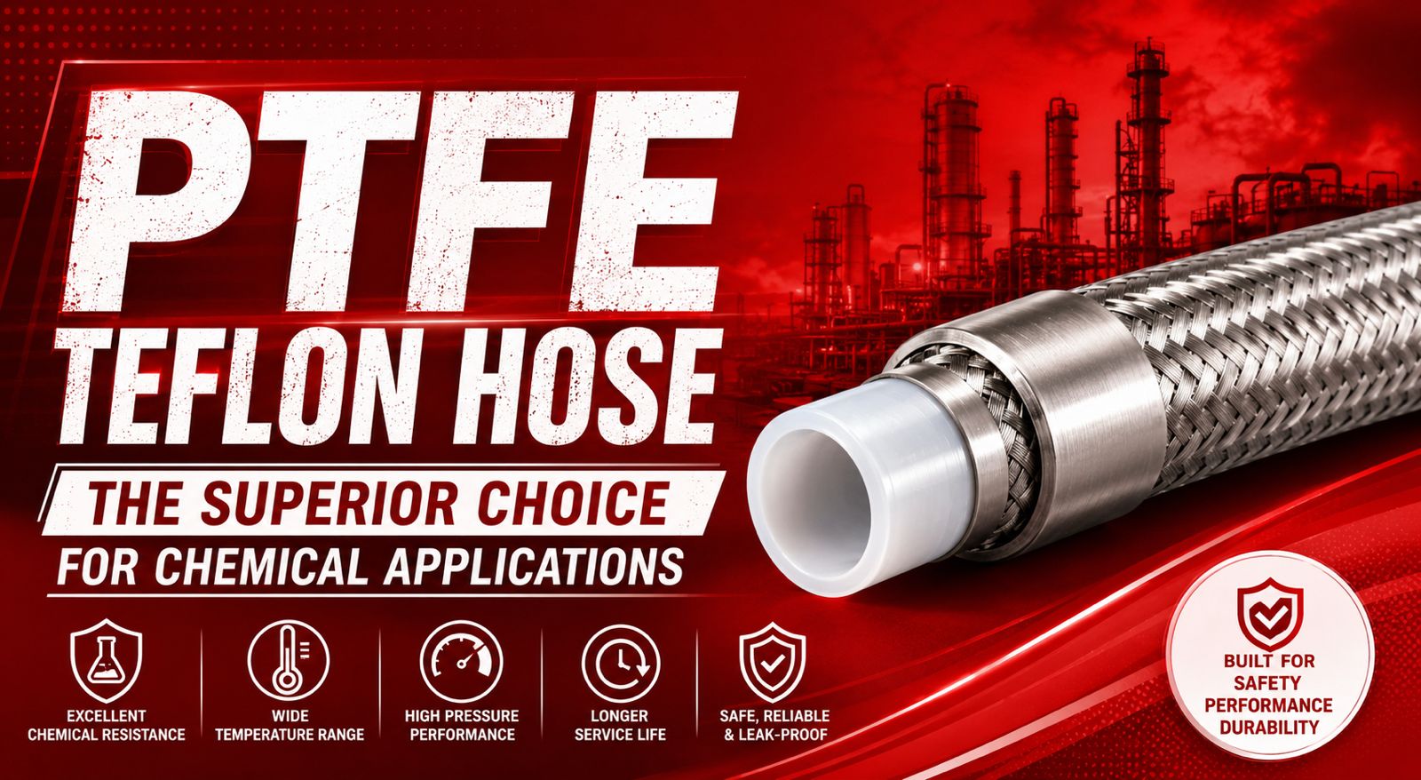 PTFE Teflon hose with stainless steel braid and white fittings, set against a red industrial background with chemical plant imagery.