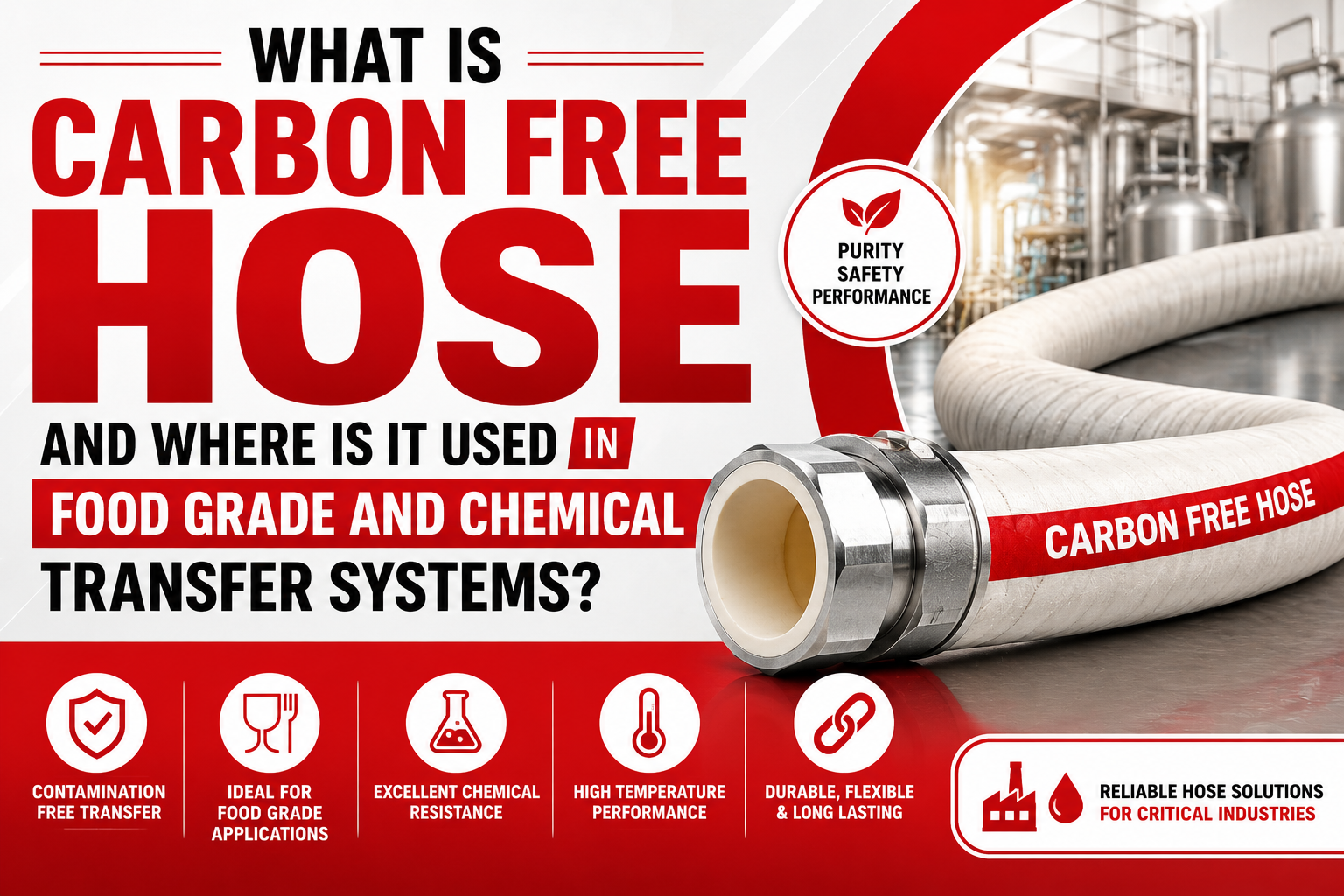 Text promoting carbon-free hoses for food-grade and chemical use, highlighting contamination-free transfer, chemical resistance, and durability.