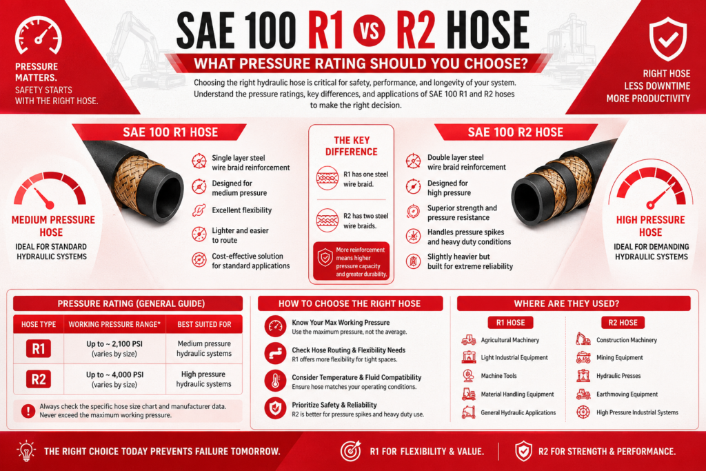 Infographic comparing SAE 100 R1 and R2 hoses. R1 on left for medium pressure; R2 on right for high pressure. Features, usage, and performance tips included.
