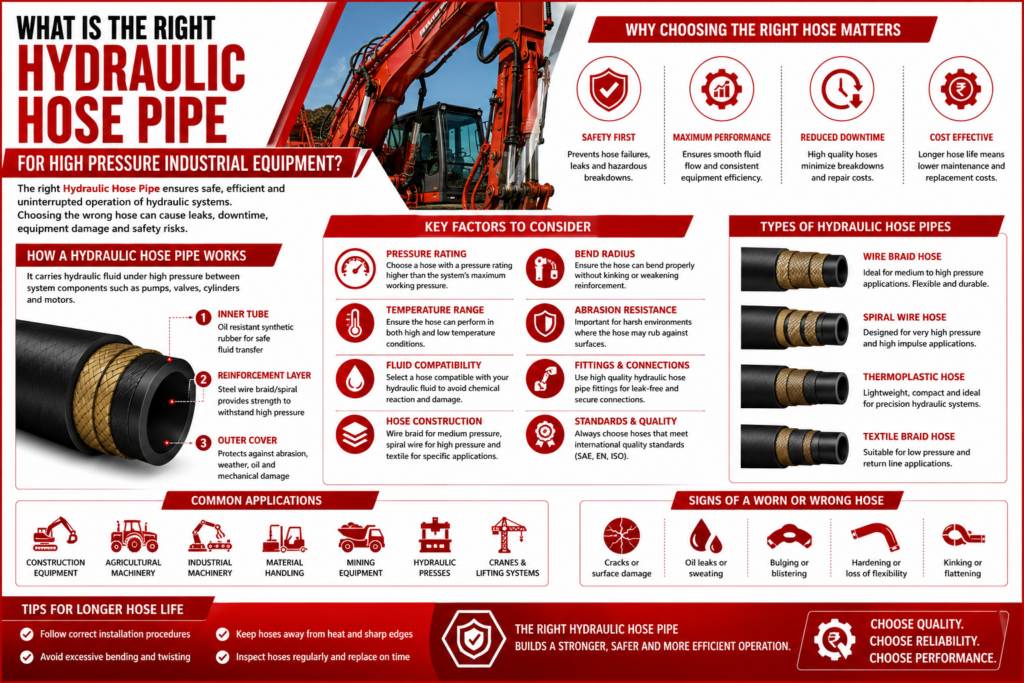 Infographic on choosing the right hydraulic hose pipe for industrial equipment. Features include selection factors, types, applications, and safety tips.