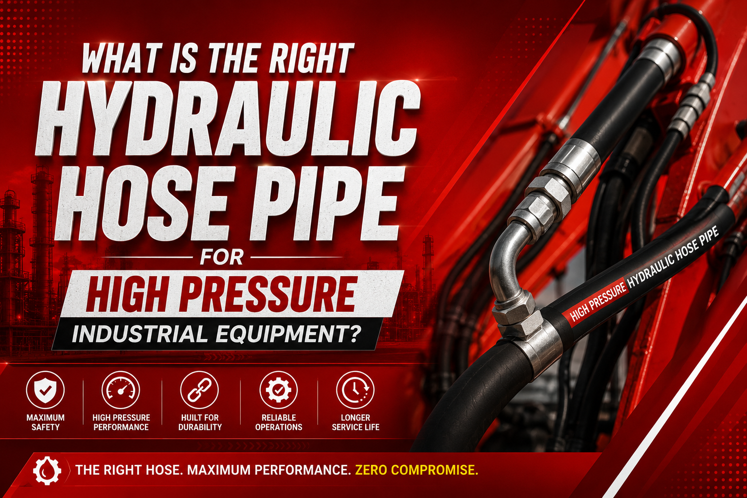 Red and black promotional image for hydraulic hose pipes with text: "What is the right hydraulic hose pipe for high pressure industrial equipment?" Shows hoses and icons for safety, performance, durability, reliability, and longevity.
