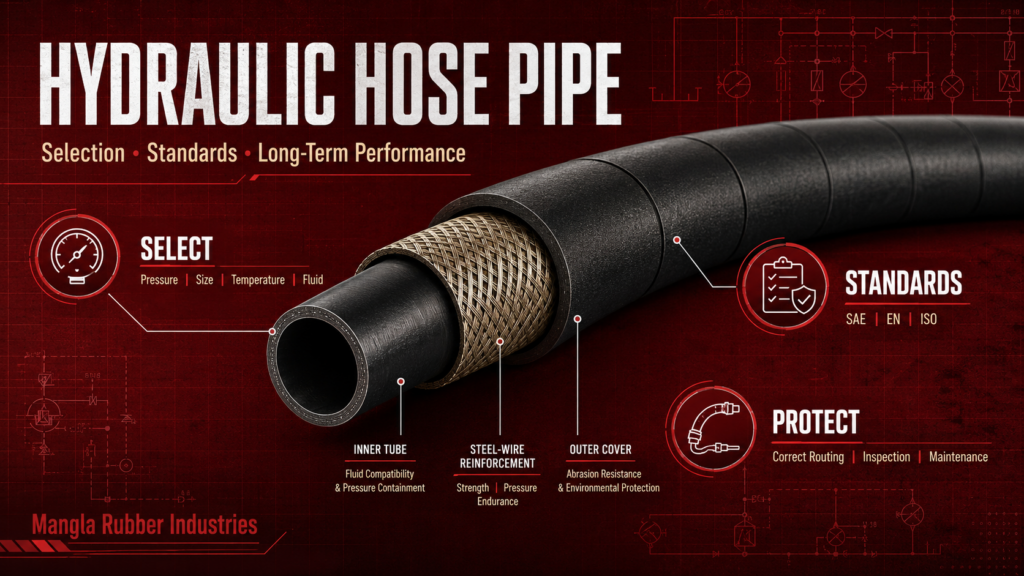 Hydraulic Hose Pipe with section labels: inner tube, steel-wire reinforcement, and outer cover. Keywords: Select, Standards, Protect. Industrial theme."