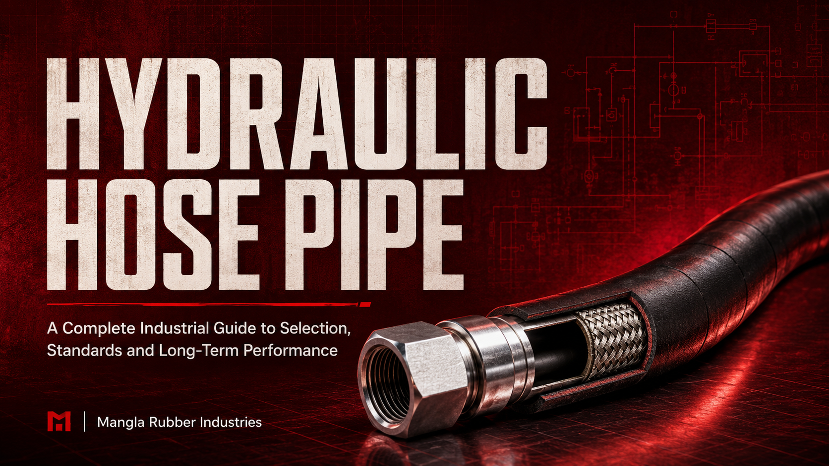 Alt text: "Red and black industrial-themed image featuring a hydraulic hose with metal fittings. Bold white text reads 'Hydraulic Hose Pipe.' A subtitle offers an industrial guide. A technical diagram background adds a professional tone."