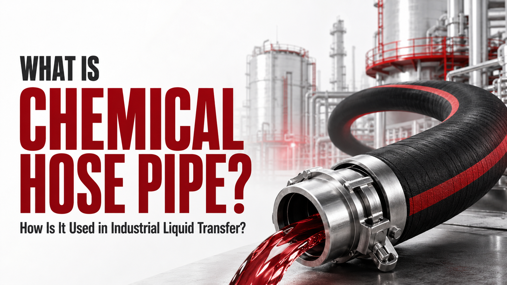 Alt text: "Graphic of a chemical hose pipe releasing red liquid in an industrial setting. Bold text reads 'What is Chemical Hose Pipe?' in front."