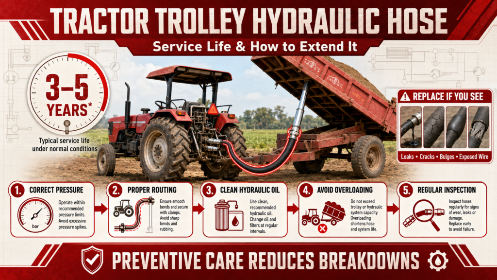 Tractor Trolley Hydraulic Hose Highlights 3-5 years typical service life, tips on correct pressure, routing, oil cleaning, avoiding overloading, and regular inspection. Emphasizes preventive care to reduce breakdowns."