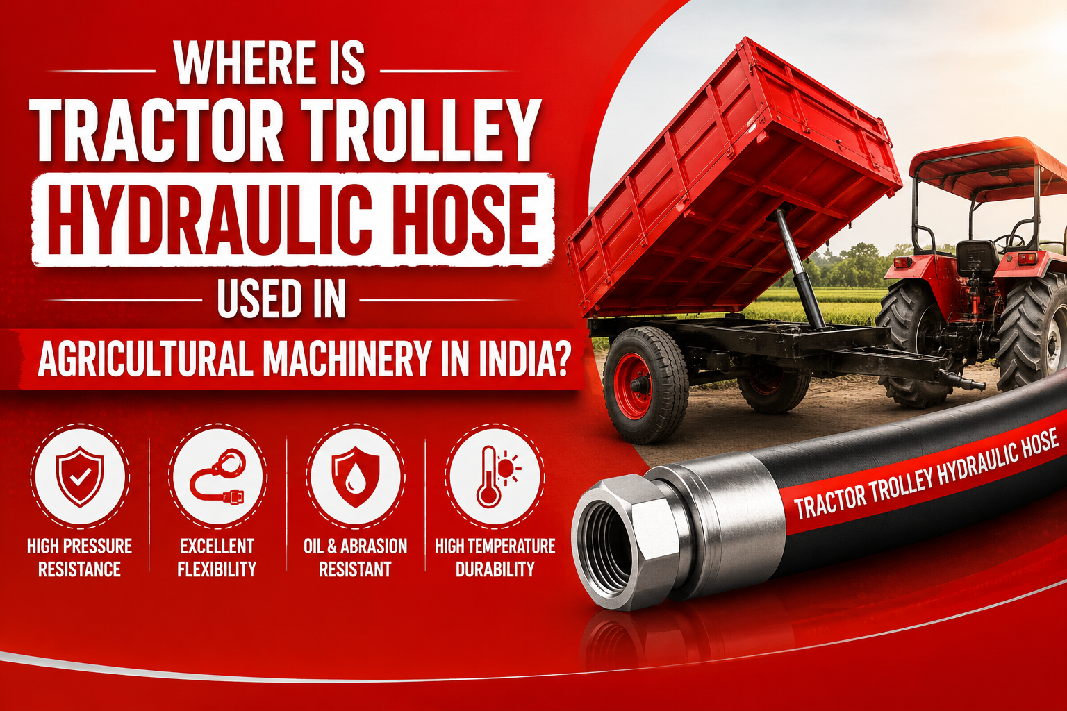 The image shows a red tractor with an elevated trolley next to a black hydraulic hose. Text highlights its use in Indian agriculture, emphasizing durability and flexibility.