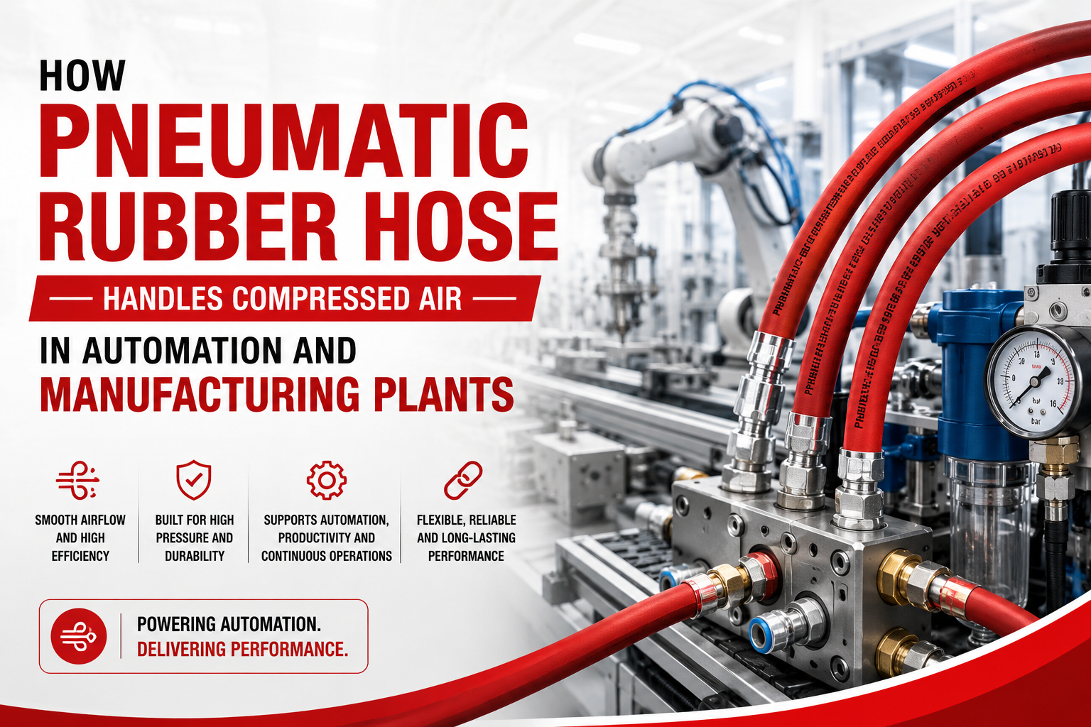 The image shows a red tractor with an elevated trolley next to a black hydraulic hose. Text highlights its use in Indian agriculture, emphasizing durability and flexibility.