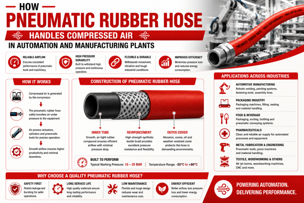 Infographic titled "How Pneumatic Rubber Hose Handles Compressed Air." Features sections on reliability, durability, uses, and industry applications. Red and white color scheme.
