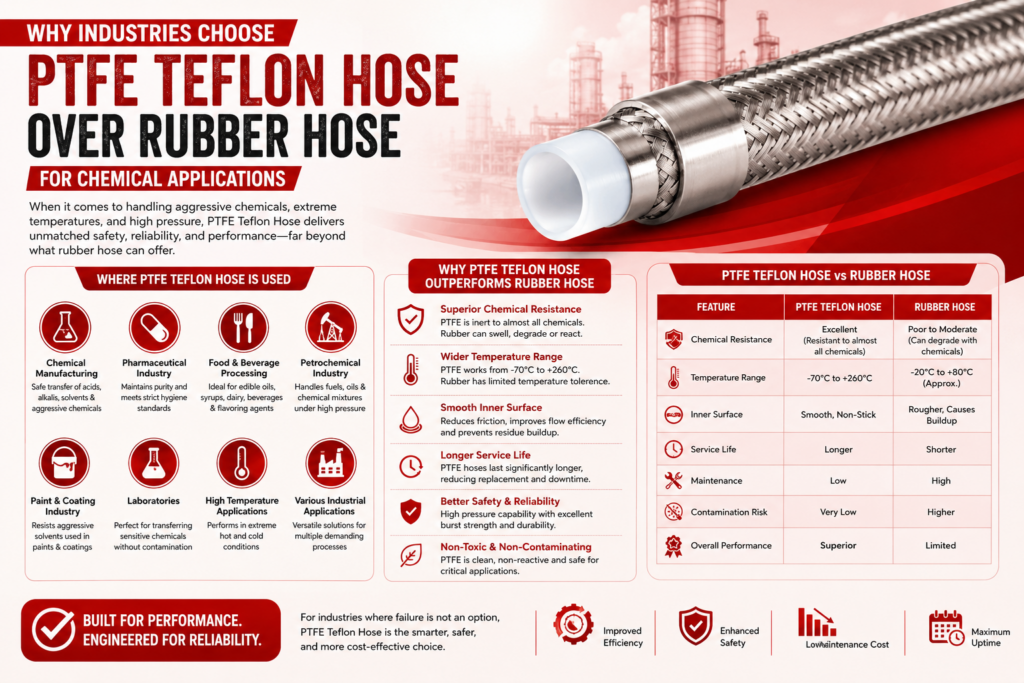 ⁠Close-up of a PTFE Teflon hose resting on a rubber hose, illustrating the distinct characteristics of each material.