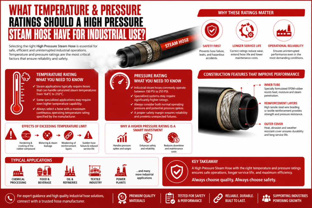 Infographic titled "What Temperature & Pressure Ratings Should a High Pressure Steam Hose Have for Industrial Use?" featuring a steam hose diagram with layers labeled. It covers the importance of temperature and pressure ratings, typical applications like chemical processing, and benefits such as safety and reliability. The key takeaway stresses choosing quality and safety. Tone is informational and professional.