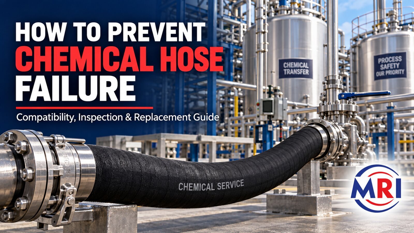 Chemical hose failure prevention guide showing a chemical-resistant hose, compatibility, inspection and replacement by Mangla Rubber Industries